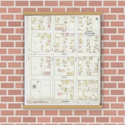 Old map wall art mockup — magnetic wood frame on brick wall — Sanborn Fire Insurance Map from Ironton, Lawrence County, Ohio (1889), Sheet #0003