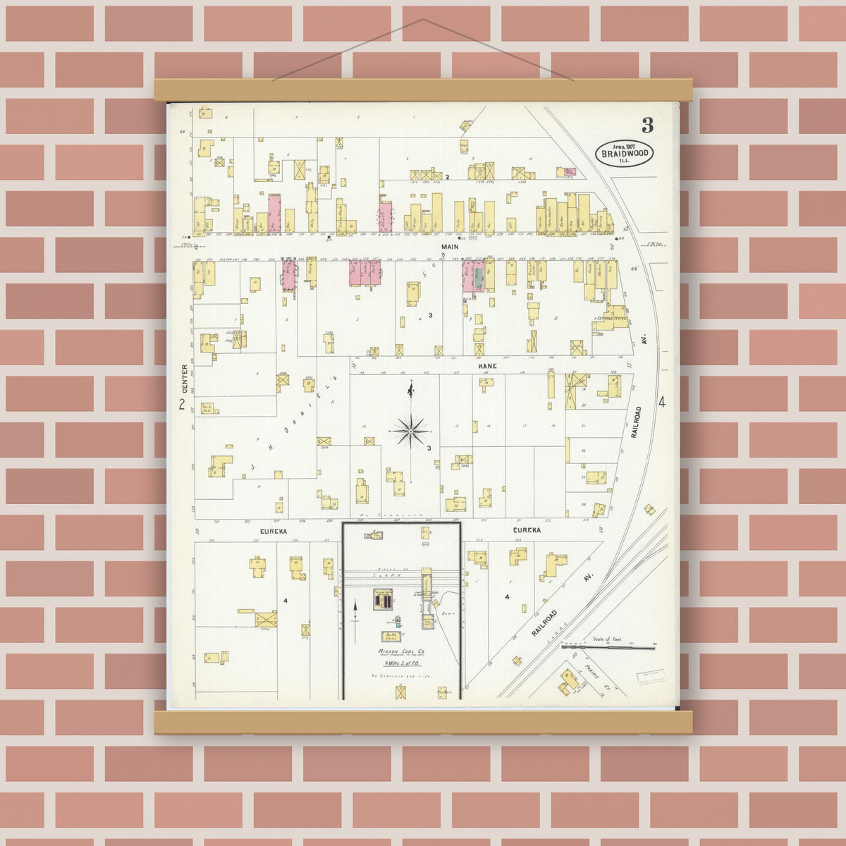 Old map wall art mockup — magnetic wood frame on brick wall — Sanborn Fire Insurance Map from Braidwood, Will County, Illinois (1907), Sheet #0003