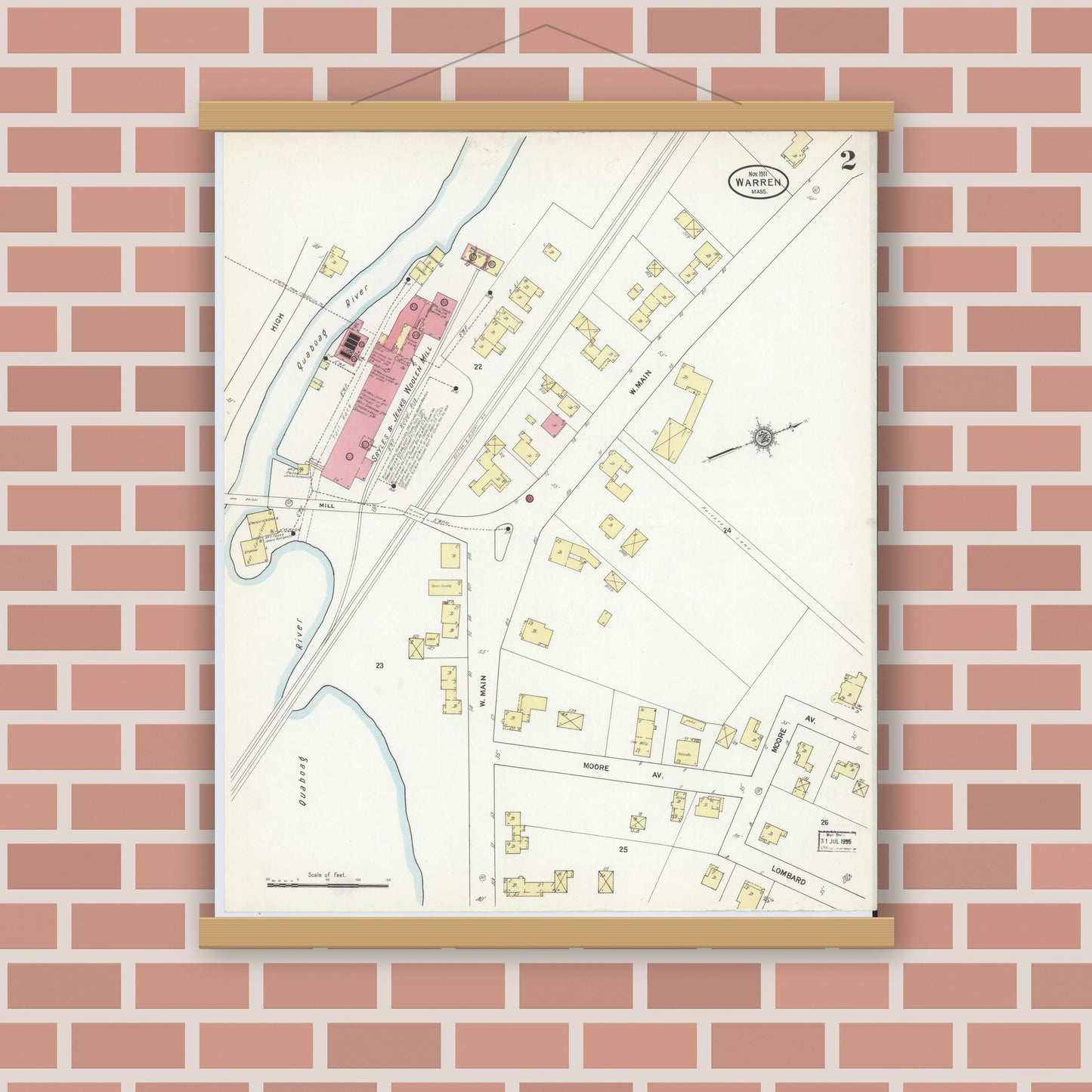 Old map wall art mockup — magnetic wood frame on brick wall — Sanborn Fire Insurance Map from Warren, Worcester County, Massachusetts (1911), Sheet #0002