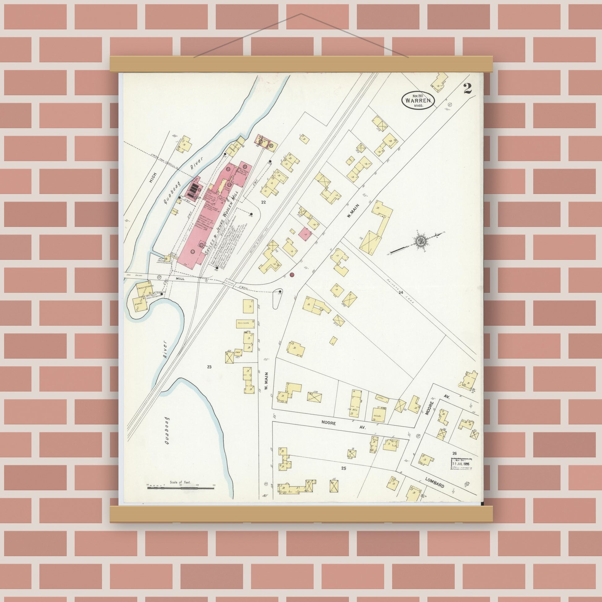 Old map wall art mockup — magnetic wood frame on brick wall — Sanborn Fire Insurance Map from Warren, Worcester County, Massachusetts (1911), Sheet #0002