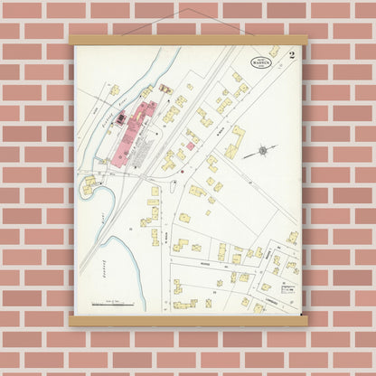 Old map wall art mockup — magnetic wood frame on brick wall — Sanborn Fire Insurance Map from Warren, Worcester County, Massachusetts (1911), Sheet #0002
