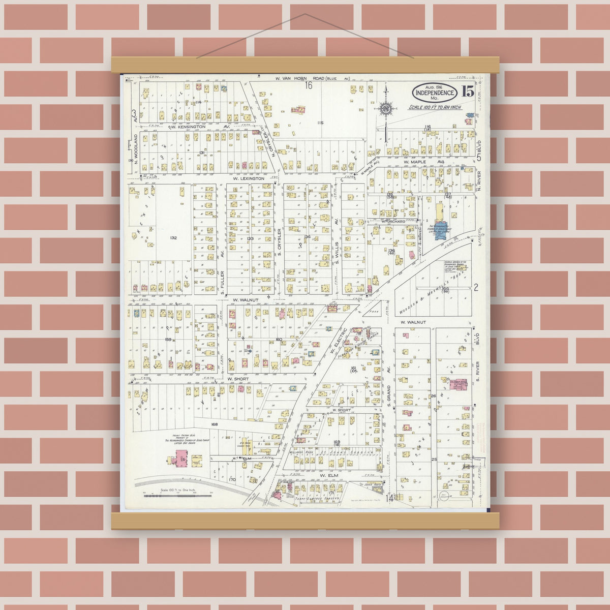 Old map wall art mockup — magnetic wood frame on brick wall — Sanborn Fire Insurance Map from Independence, Jackson County, Missouri (1916), Sheet #0015