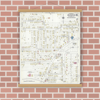 Old map wall art mockup — magnetic wood frame on brick wall — Sanborn Fire Insurance Map from Independence, Jackson County, Missouri (1916), Sheet #0015