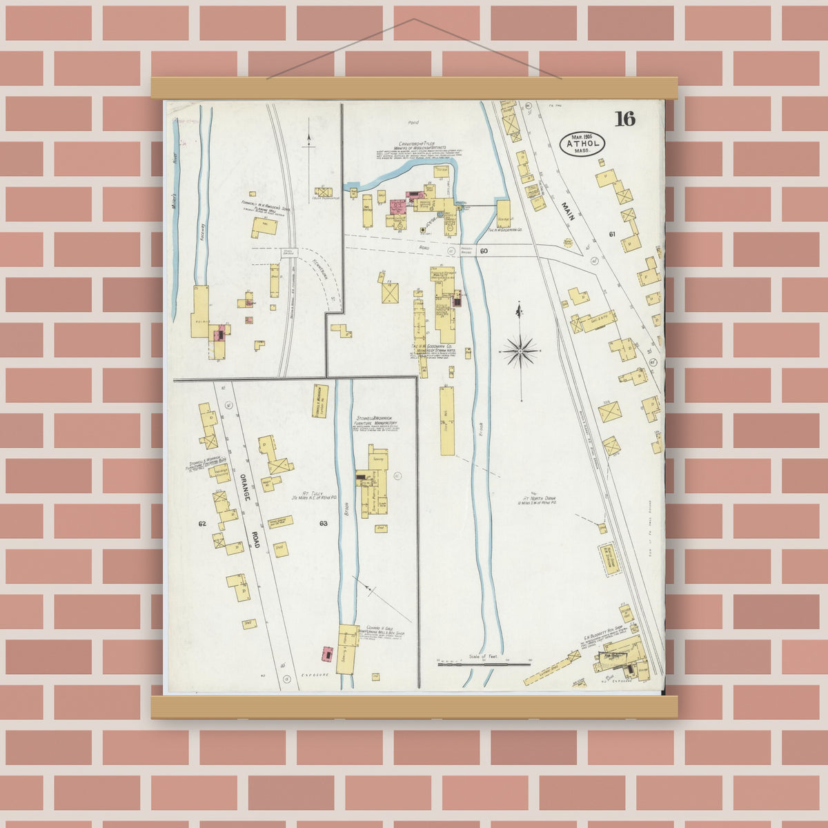 Old map wall art mockup — magnetic wood frame on brick wall — Sanborn Fire Insurance Map from Athol, Worcester County, Massachusetts (1905), Sheet #0016