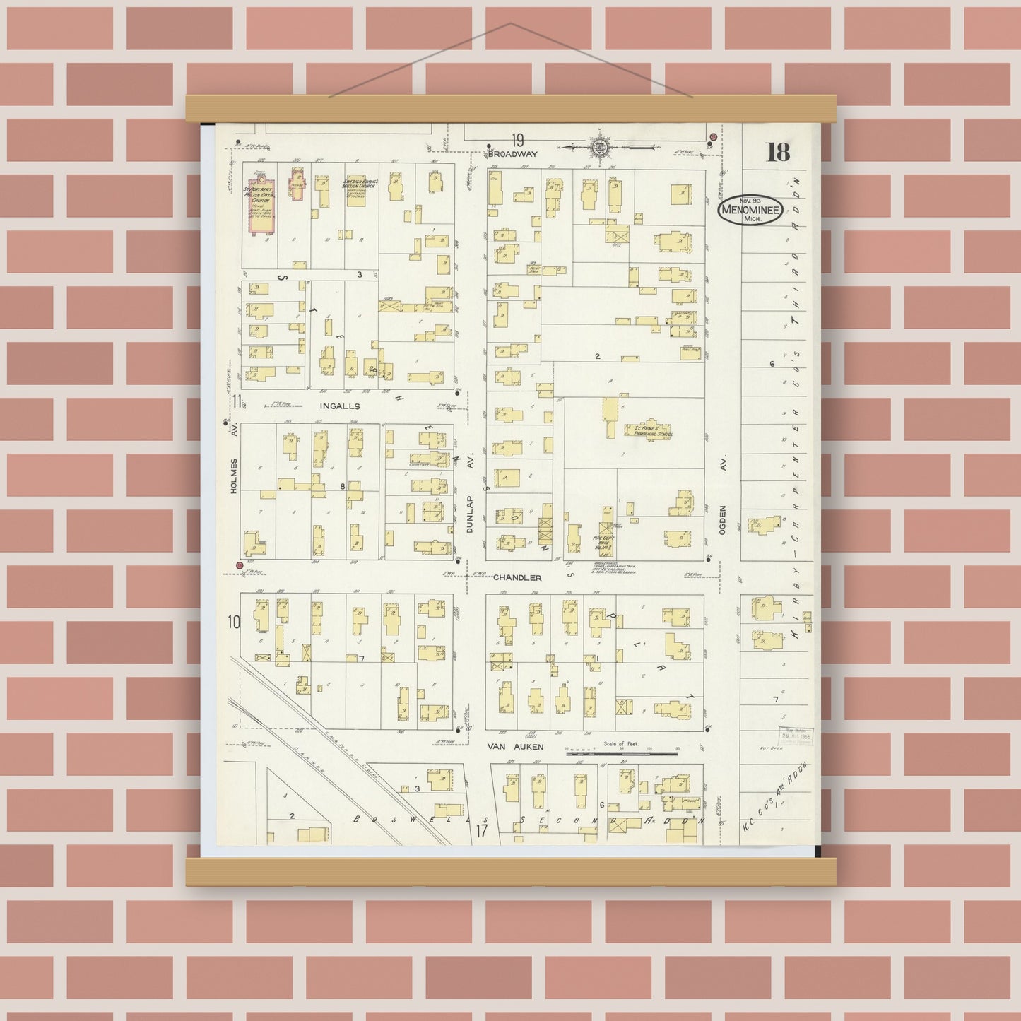Old map wall art mockup — magnetic wood frame on brick wall — Sanborn Fire Insurance Map from Menominee, Menominee County, Michigan (1913), Sheet #0018