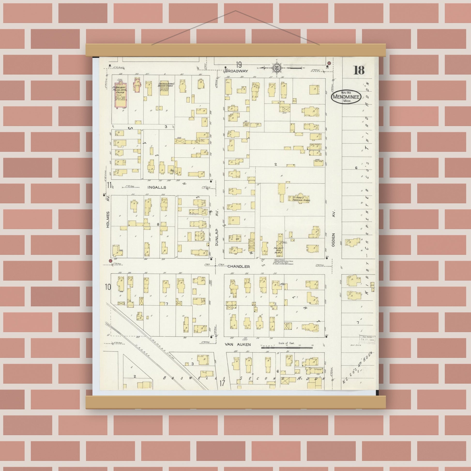 Old map wall art mockup — magnetic wood frame on brick wall — Sanborn Fire Insurance Map from Menominee, Menominee County, Michigan (1913), Sheet #0018