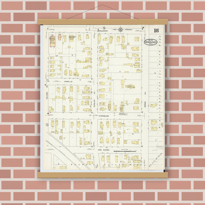 Old map wall art mockup — magnetic wood frame on brick wall — Sanborn Fire Insurance Map from Menominee, Menominee County, Michigan (1913), Sheet #0018