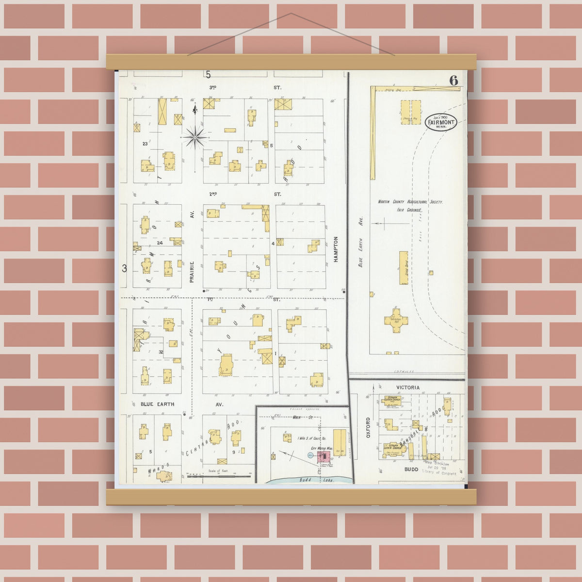Old map wall art mockup — magnetic wood frame on brick wall — Sanborn Fire Insurance Map from Fairmont, Martin County, Minnesota (1900), Sheet #0006