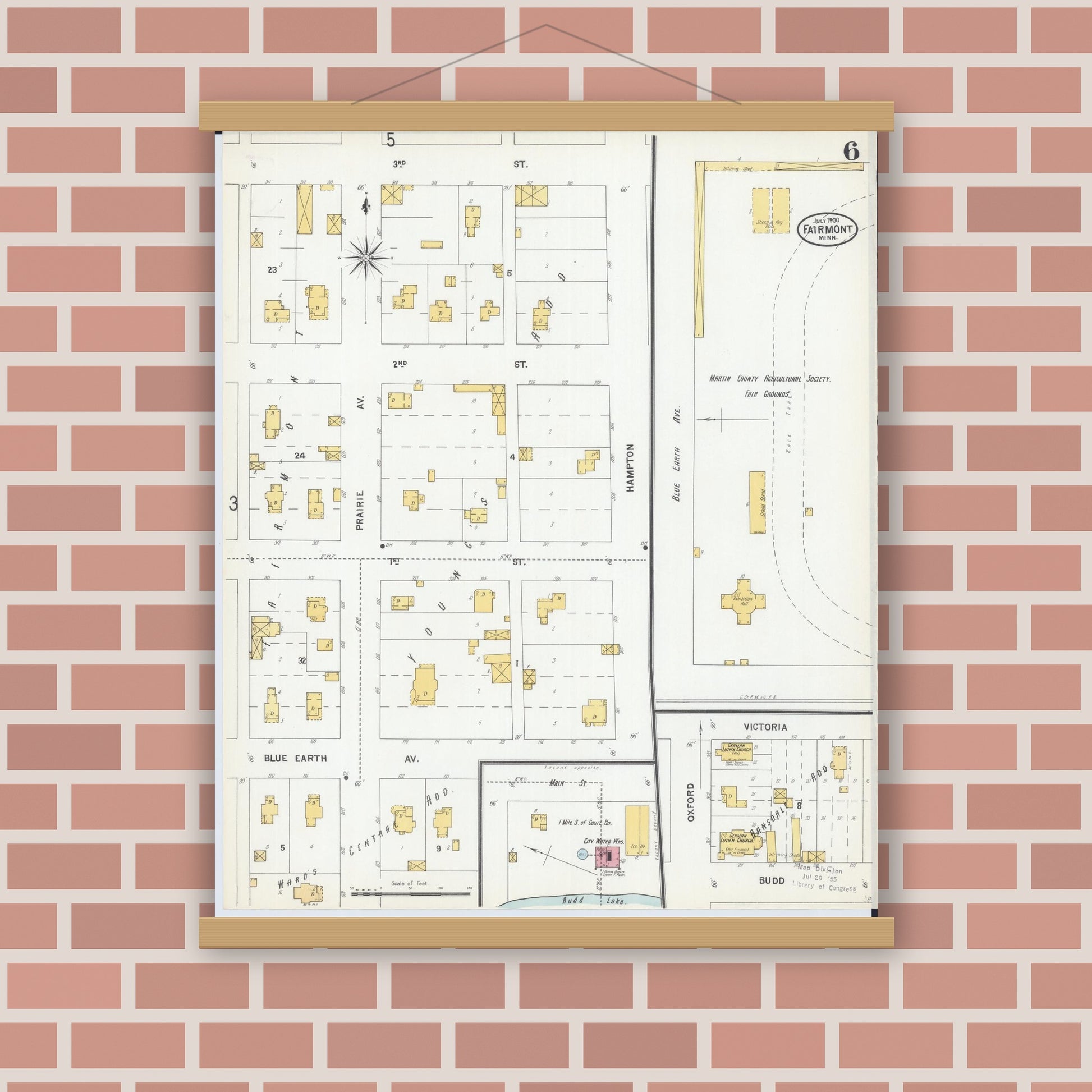 Old map wall art mockup — magnetic wood frame on brick wall — Sanborn Fire Insurance Map from Fairmont, Martin County, Minnesota (1900), Sheet #0006