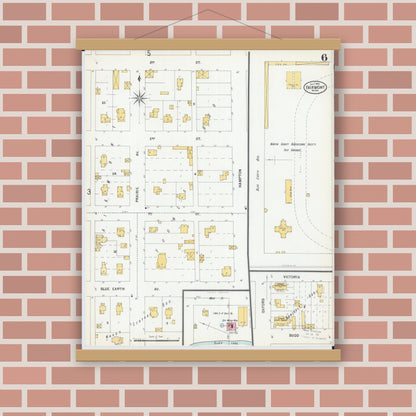 Old map wall art mockup — magnetic wood frame on brick wall — Sanborn Fire Insurance Map from Fairmont, Martin County, Minnesota (1900), Sheet #0006