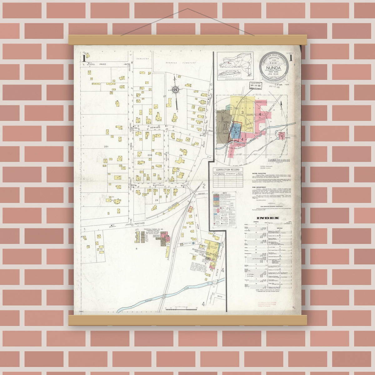 Old map wall art mockup — magnetic wood frame on brick wall — Sanborn Fire Insurance Map from Nunda, Livingston County, New York (1936), Sheet #0001