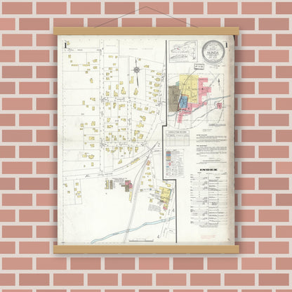 Old map wall art mockup — magnetic wood frame on brick wall — Sanborn Fire Insurance Map from Nunda, Livingston County, New York (1936), Sheet #0001