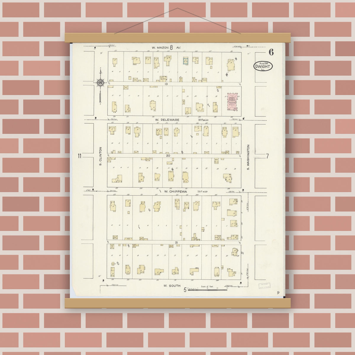 Old map wall art mockup — magnetic wood frame on brick wall — Sanborn Fire Insurance Map from Dwight, Livingston County, Illinois (1914), Sheet #0006