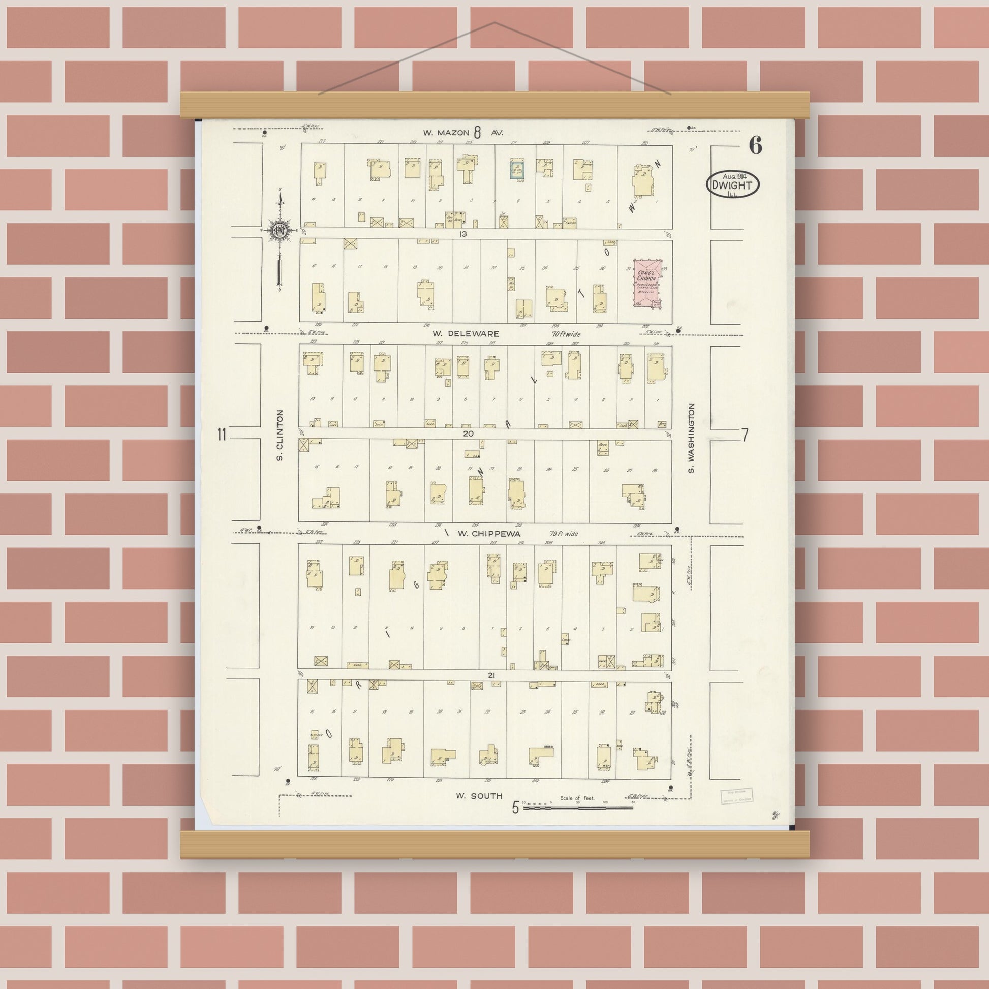 Old map wall art mockup — magnetic wood frame on brick wall — Sanborn Fire Insurance Map from Dwight, Livingston County, Illinois (1914), Sheet #0006