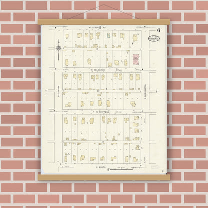 Old map wall art mockup — magnetic wood frame on brick wall — Sanborn Fire Insurance Map from Dwight, Livingston County, Illinois (1914), Sheet #0006