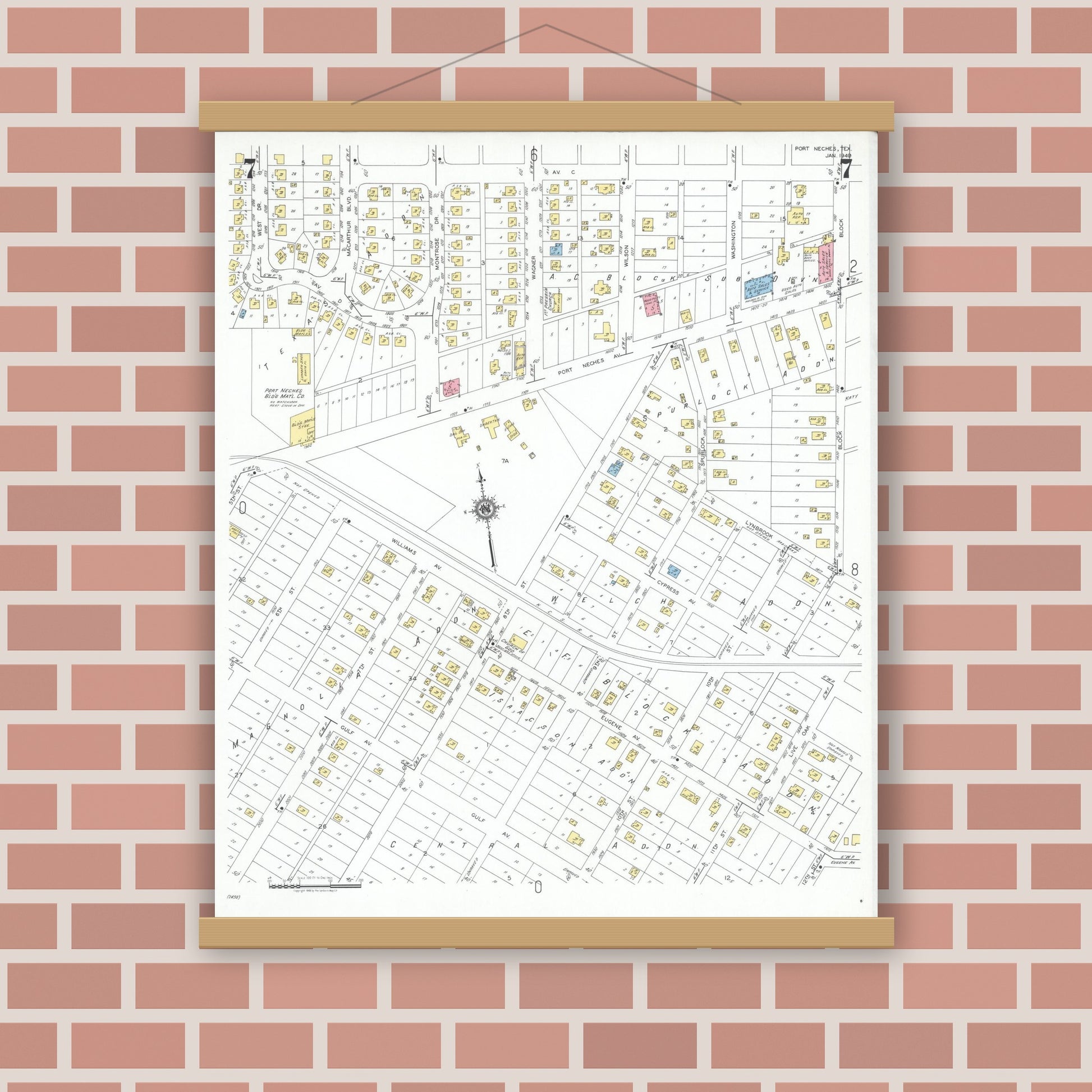 Old map wall art mockup — magnetic wood frame on brick wall — Sanborn Fire Insurance Map from Port Neches, Jefferson County, Texas (1949), Sheet #0007