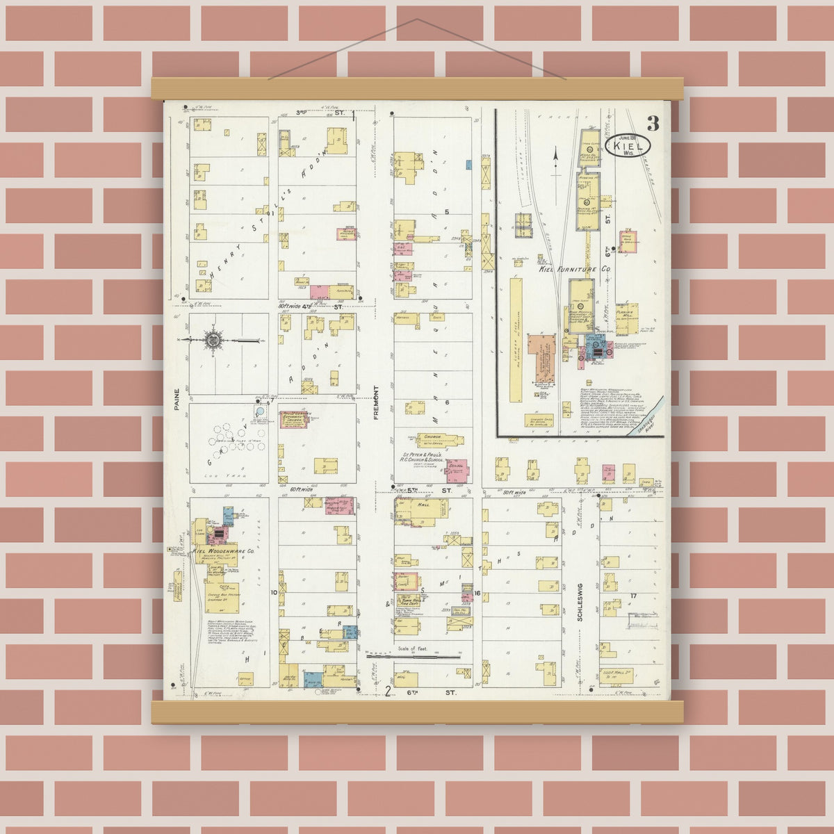 Old map wall art mockup — magnetic wood frame on brick wall — Sanborn Fire Insurance Map from Kiel, Manitowoc and Calumet Counties, Wisconsin (1911), Sheet #0003