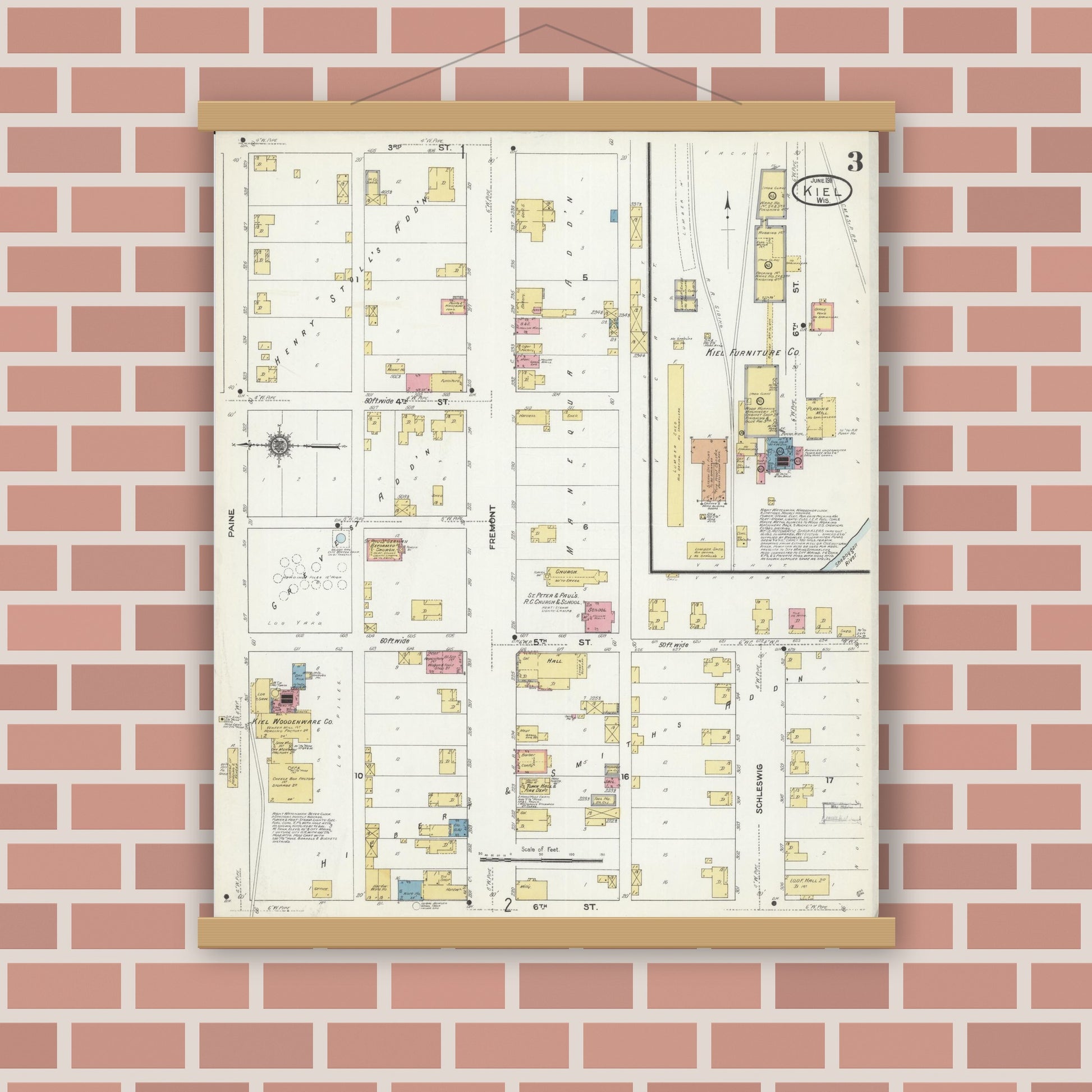 Old map wall art mockup — magnetic wood frame on brick wall — Sanborn Fire Insurance Map from Kiel, Manitowoc and Calumet Counties, Wisconsin (1911), Sheet #0003