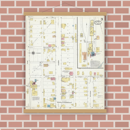 Old map wall art mockup — magnetic wood frame on brick wall — Sanborn Fire Insurance Map from Kiel, Manitowoc and Calumet Counties, Wisconsin (1911), Sheet #0003
