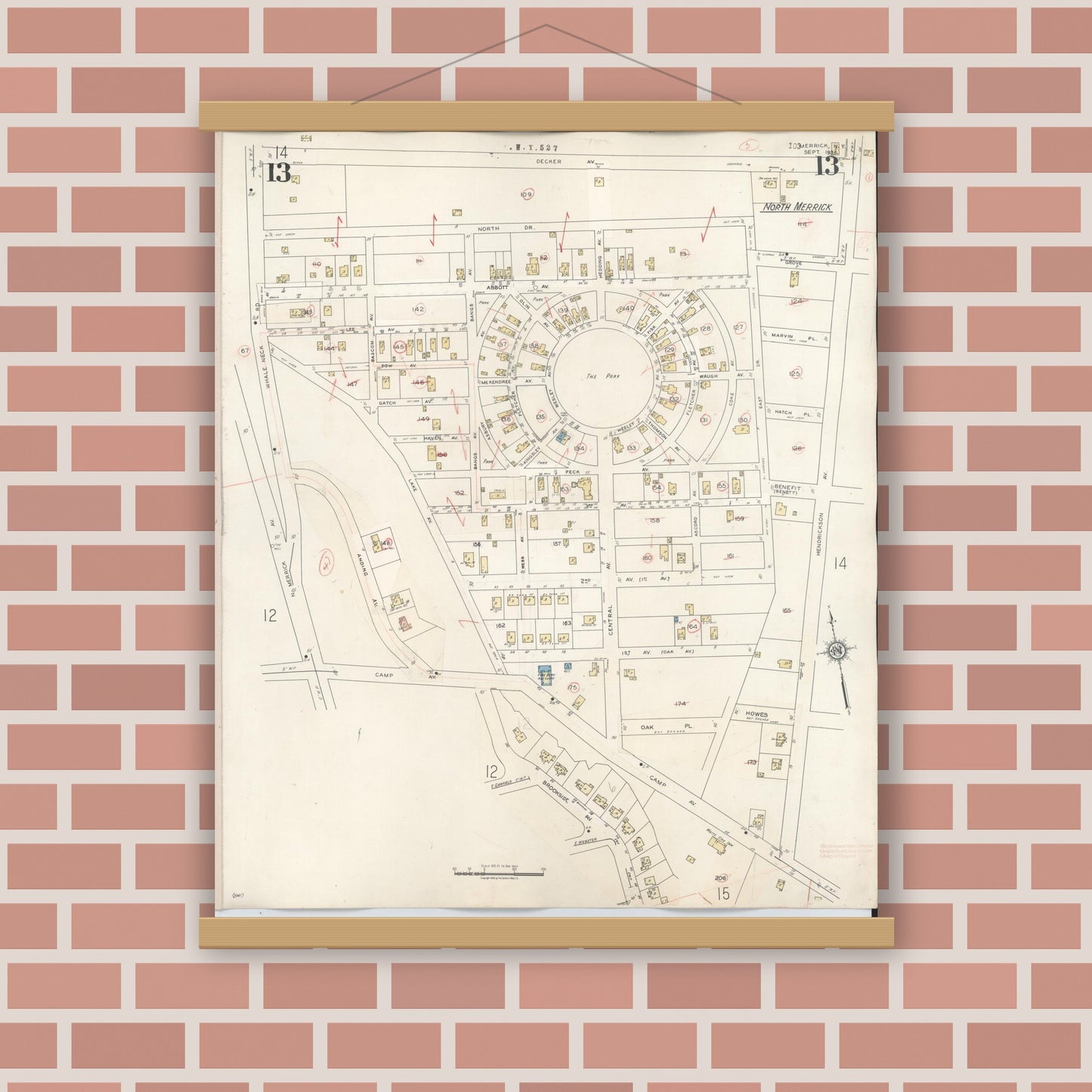 Old map wall art mockup — magnetic wood frame on brick wall — Sanborn Fire Insurance Map from Merrick, Nassau County, New York (1947), Sheet #0013