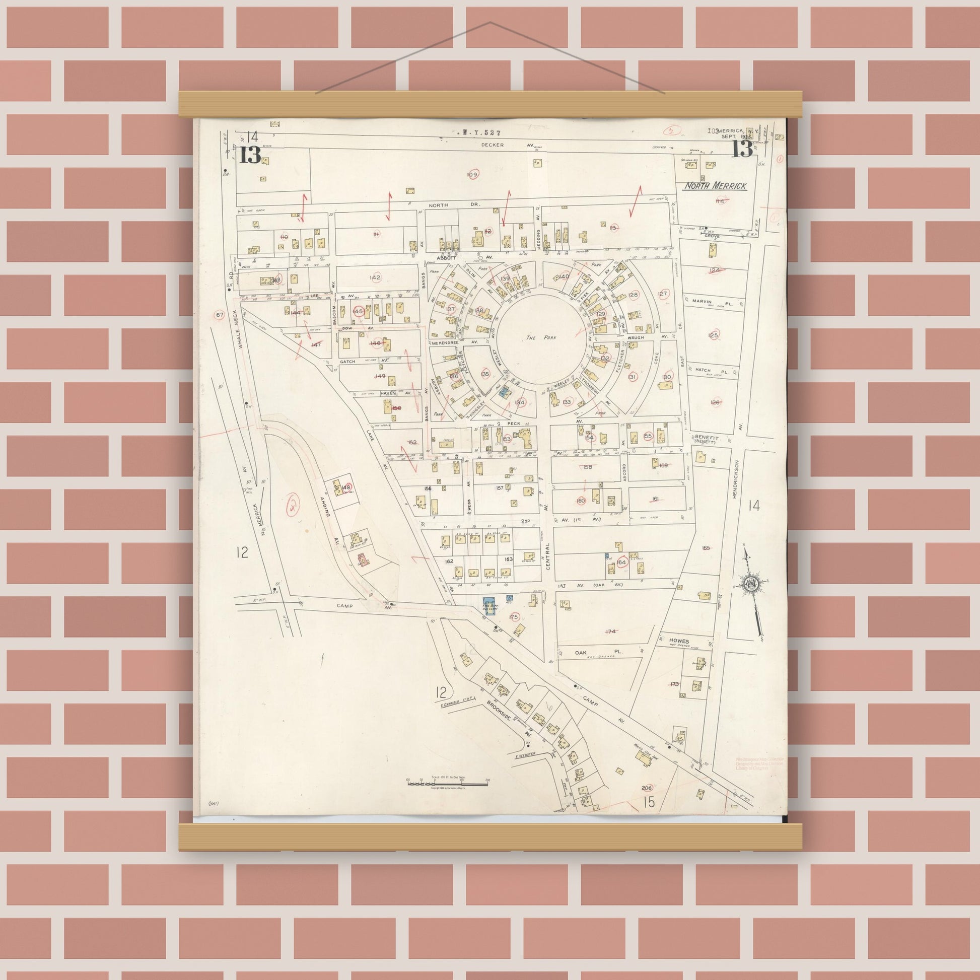 Old map wall art mockup — magnetic wood frame on brick wall — Sanborn Fire Insurance Map from Merrick, Nassau County, New York (1947), Sheet #0013