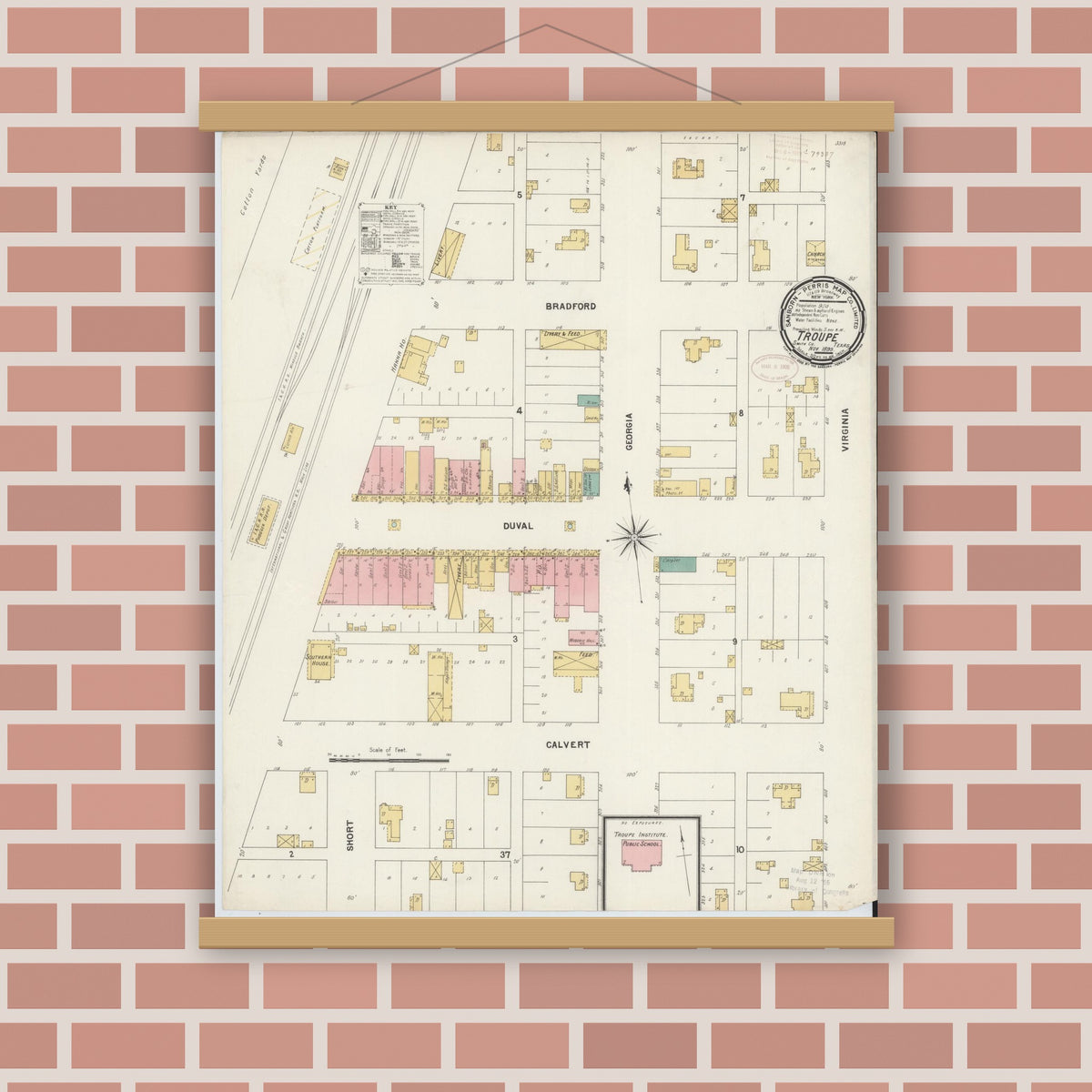 Old map wall art mockup — magnetic wood frame on brick wall — Sanborn Fire Insurance Map from Troup, Smith County, Texas (1899), Sheet #0001