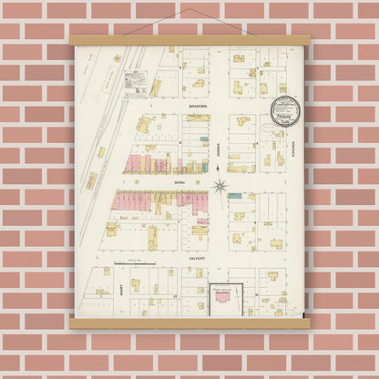 Old map wall art mockup — magnetic wood frame on brick wall — Sanborn Fire Insurance Map from Troup, Smith County, Texas (1899), Sheet #0001