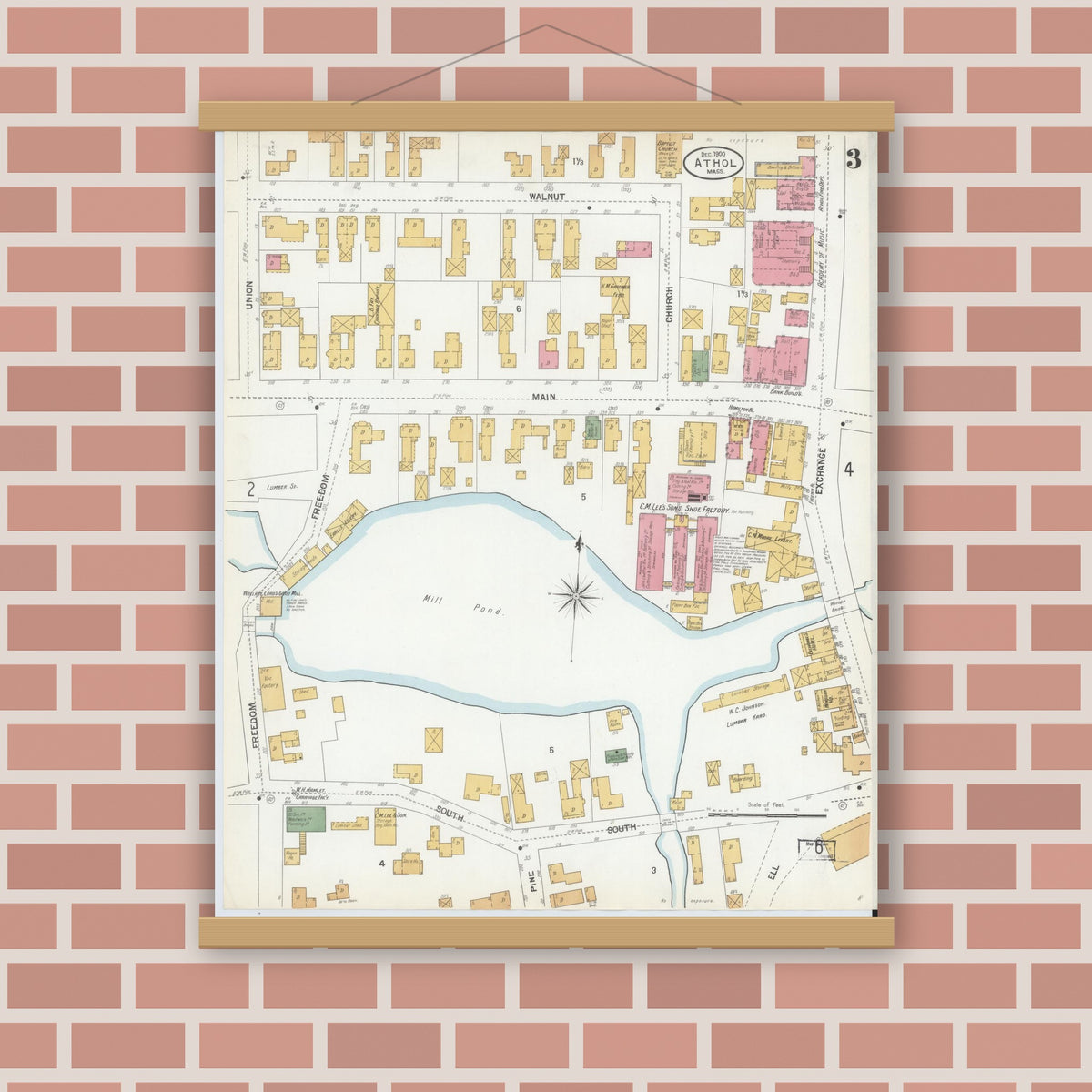 Old map wall art mockup — magnetic wood frame on brick wall — Sanborn Fire Insurance Map from Athol, Worcester County, Massachusetts (1900), Sheet #0003