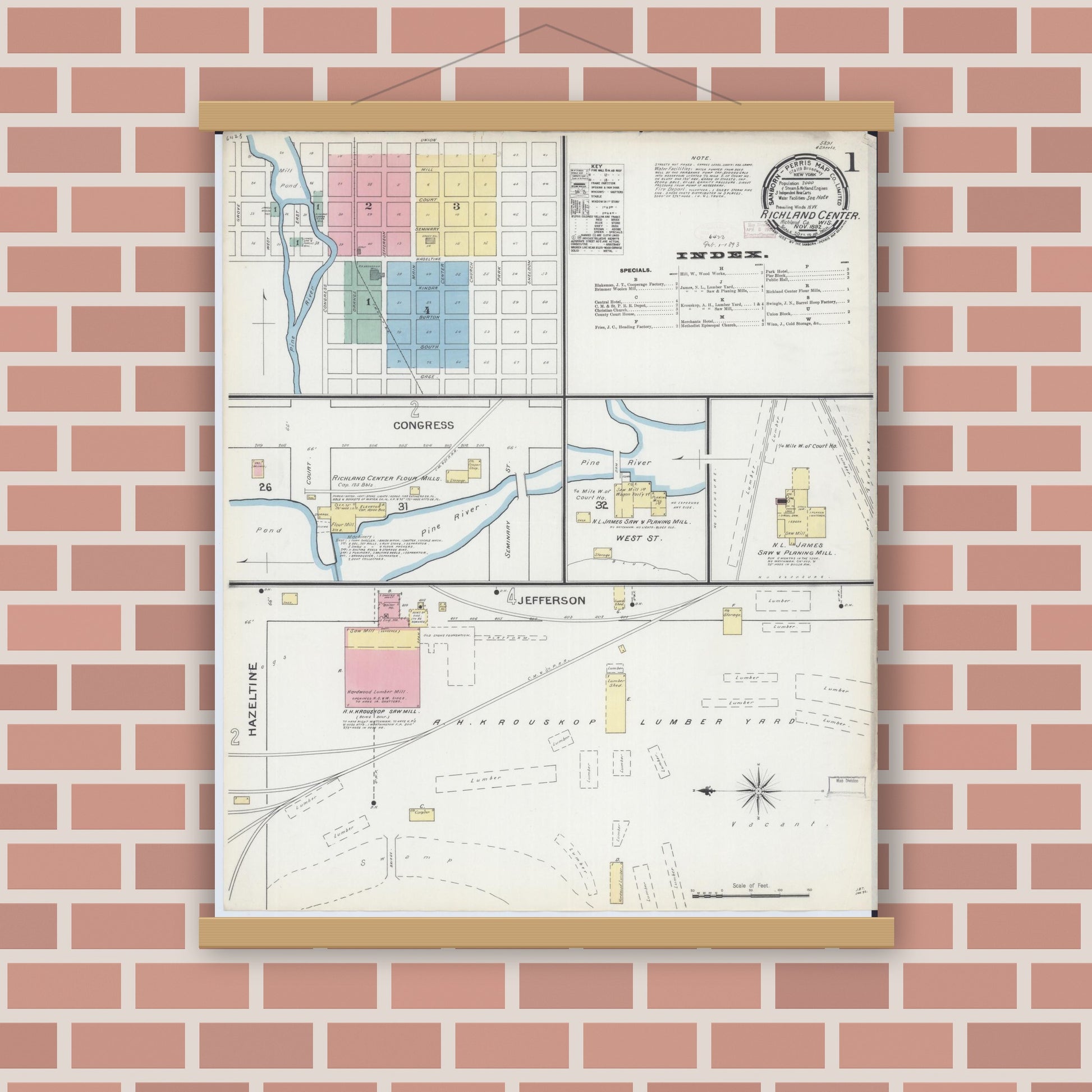 Old map wall art mockup — magnetic wood frame on brick wall — Sanborn Fire Insurance Map from Richland Center, Richland County, Wisconsin (1892) - Complete Map Set