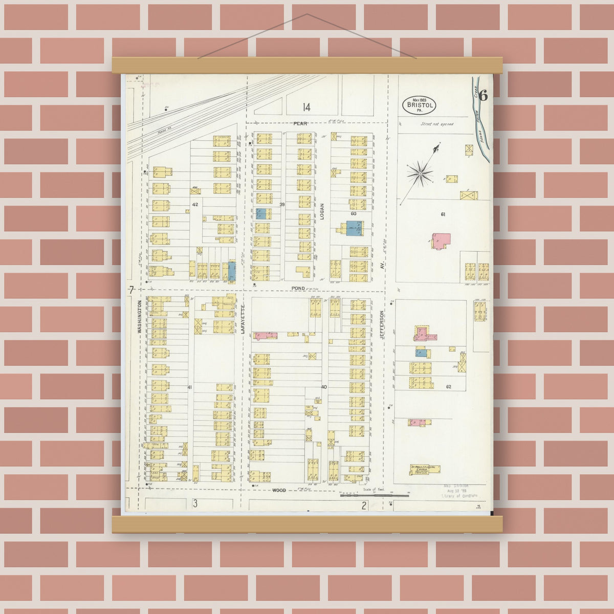 Old map wall art mockup — magnetic wood frame on brick wall — Sanborn Fire Insurance Map from Bristol, Bucks County, Pennsylvania (1903), Sheet #0006