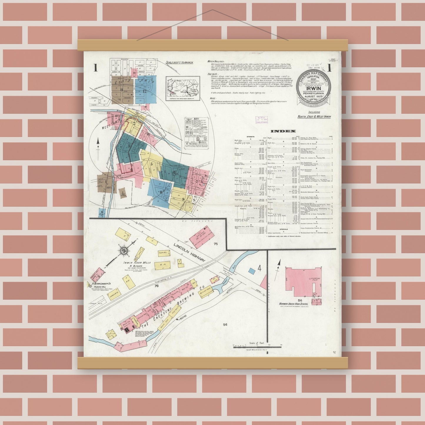 Old map wall art mockup — magnetic wood frame on brick wall — Sanborn Fire Insurance Map from Irwin, Westmoreland County, Pennsylvania (1925), Sheet #0001