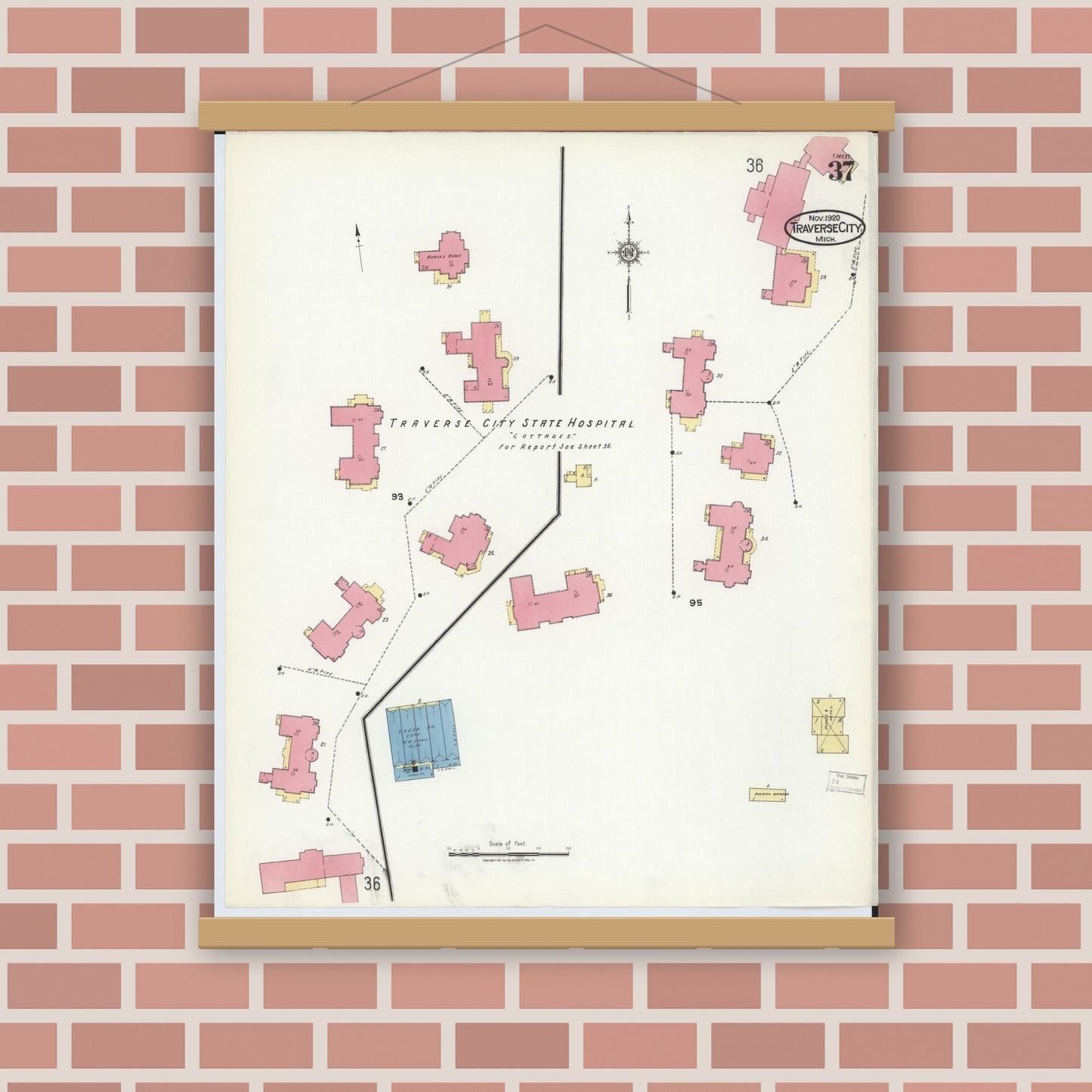 Old map wall art mockup — magnetic wood frame on brick wall — Sanborn Fire Insurance Map from Traverse City, Grand Traverse County, Michigan (1920), Sheet #0037