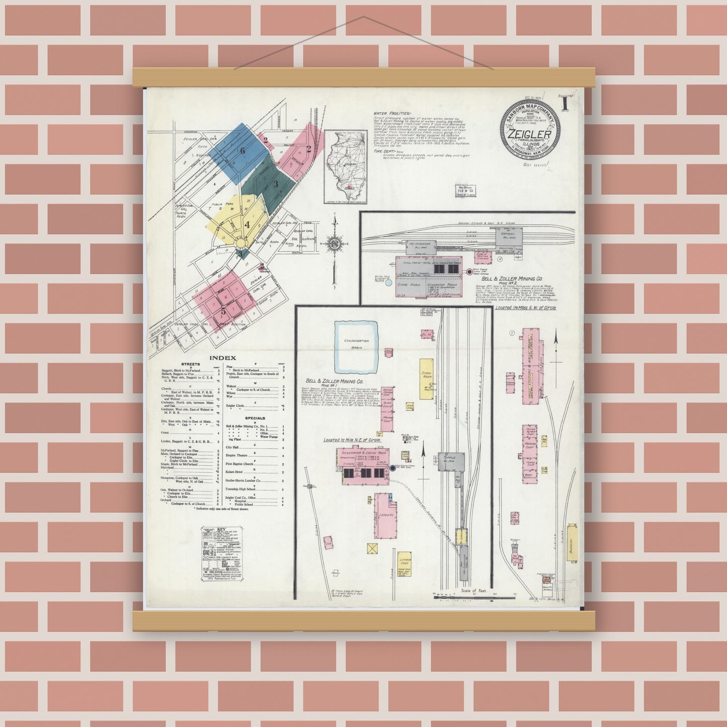 Old map wall art mockup — magnetic wood frame on brick wall — Sanborn Fire Insurance Map from Zeigler, Franklin County, Illinois (1921) - Complete Map Set