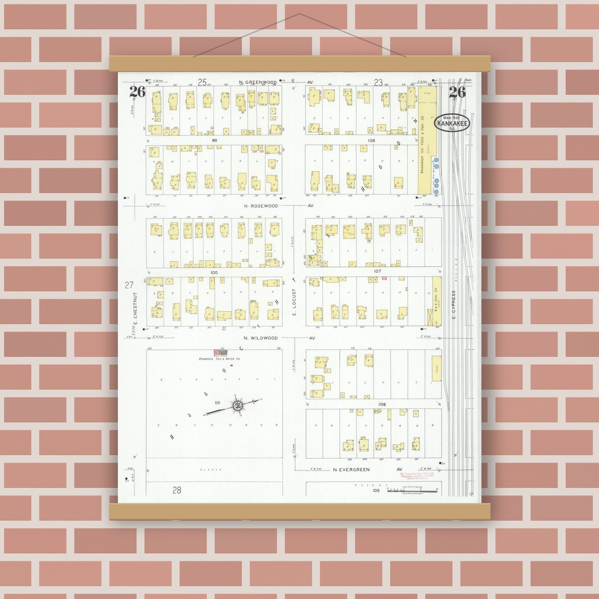 Old map wall art mockup — magnetic wood frame on brick wall — Sanborn Fire Insurance Map from Kankakee, Kankakee County, Illinois (1930), Sheet #0026