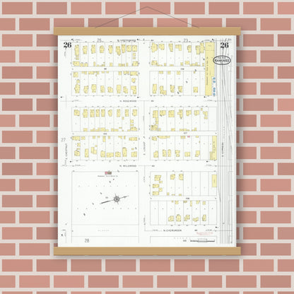 Old map wall art mockup — magnetic wood frame on brick wall — Sanborn Fire Insurance Map from Kankakee, Kankakee County, Illinois (1930), Sheet #0026