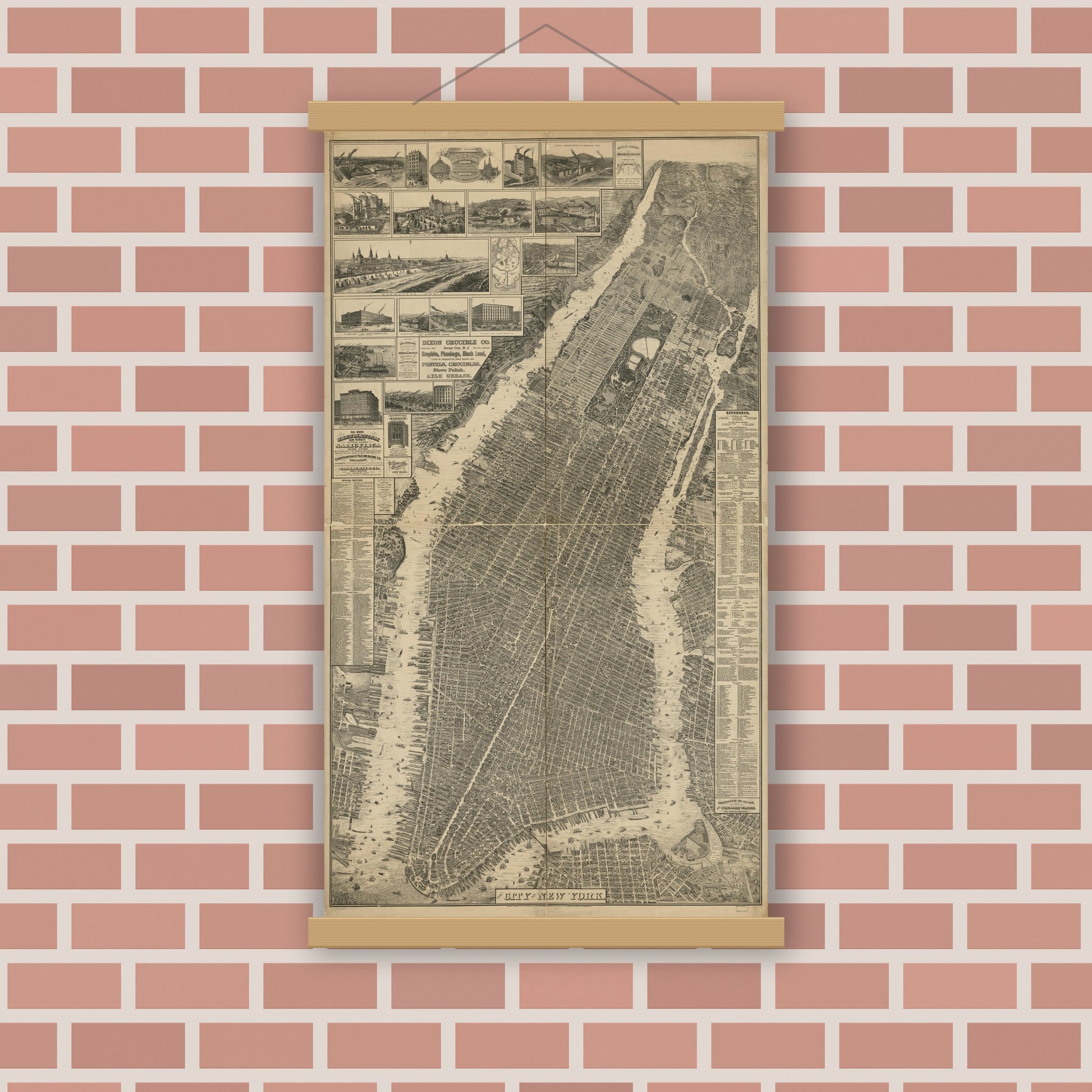 Old map wall art mockup — magnetic wood frame on brick wall — The city of New York. (1879)