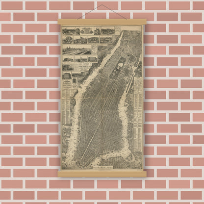 Old map wall art mockup — magnetic wood frame on brick wall — The city of New York. (1879)