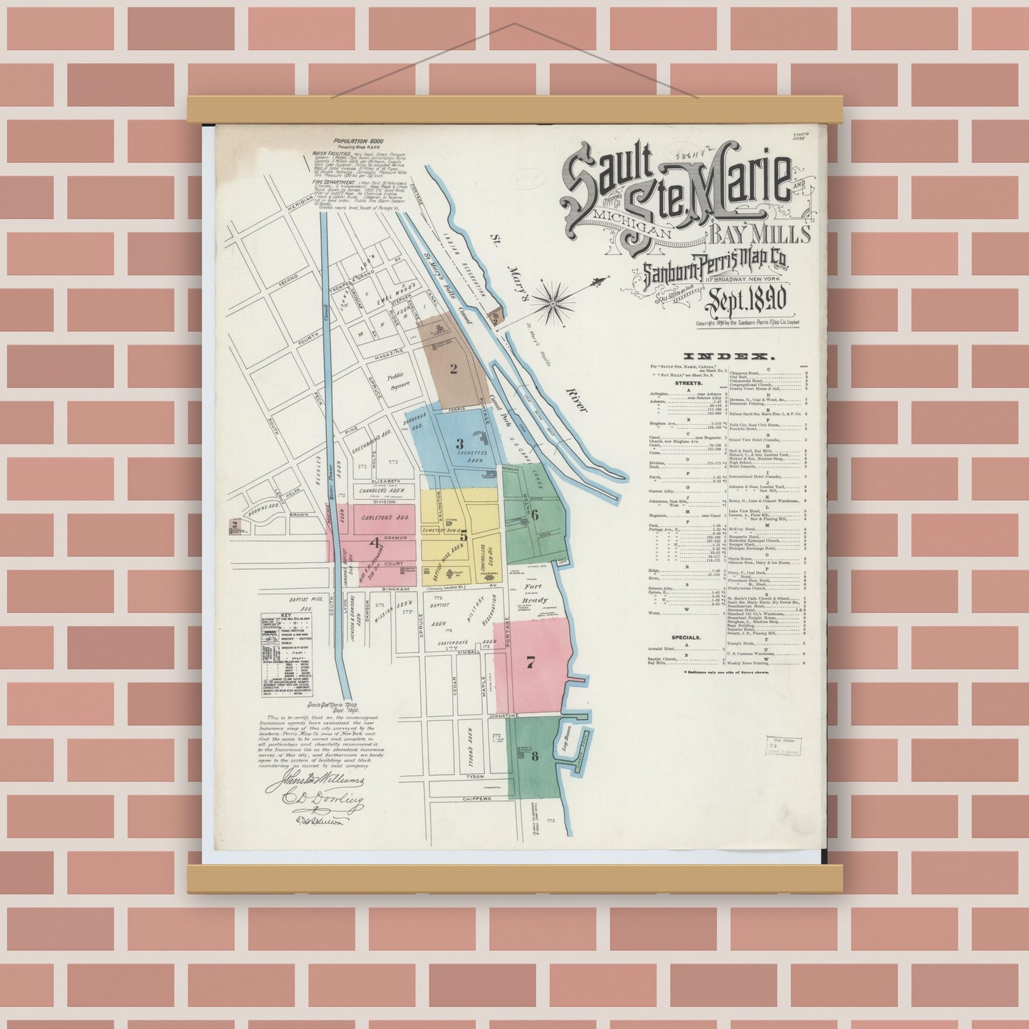 Old map wall art mockup — magnetic wood frame on brick wall — Sanborn Fire Insurance Map from Sault Sainte Marie, Chippewa County, Michigan (1890) - Complete Map Set
