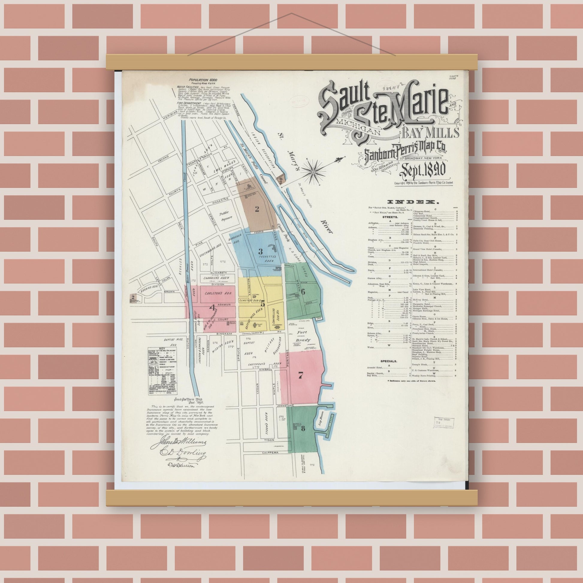 Old map wall art mockup — magnetic wood frame on brick wall — Sanborn Fire Insurance Map from Sault Sainte Marie, Chippewa County, Michigan (1890) - Complete Map Set