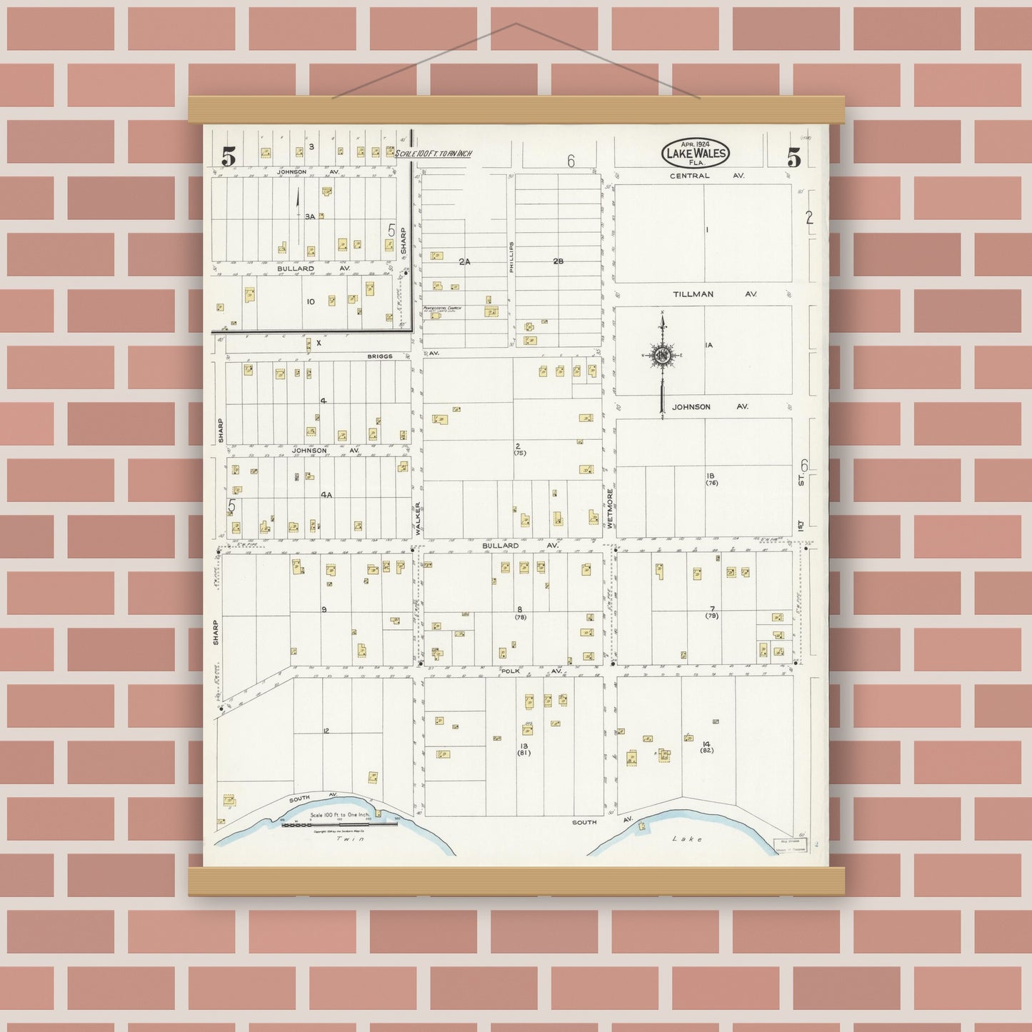 Old map wall art mockup — magnetic wood frame on brick wall — Sanborn Fire Insurance Map from Lake Wales, Polk County, Florida (1924), Sheet #0005