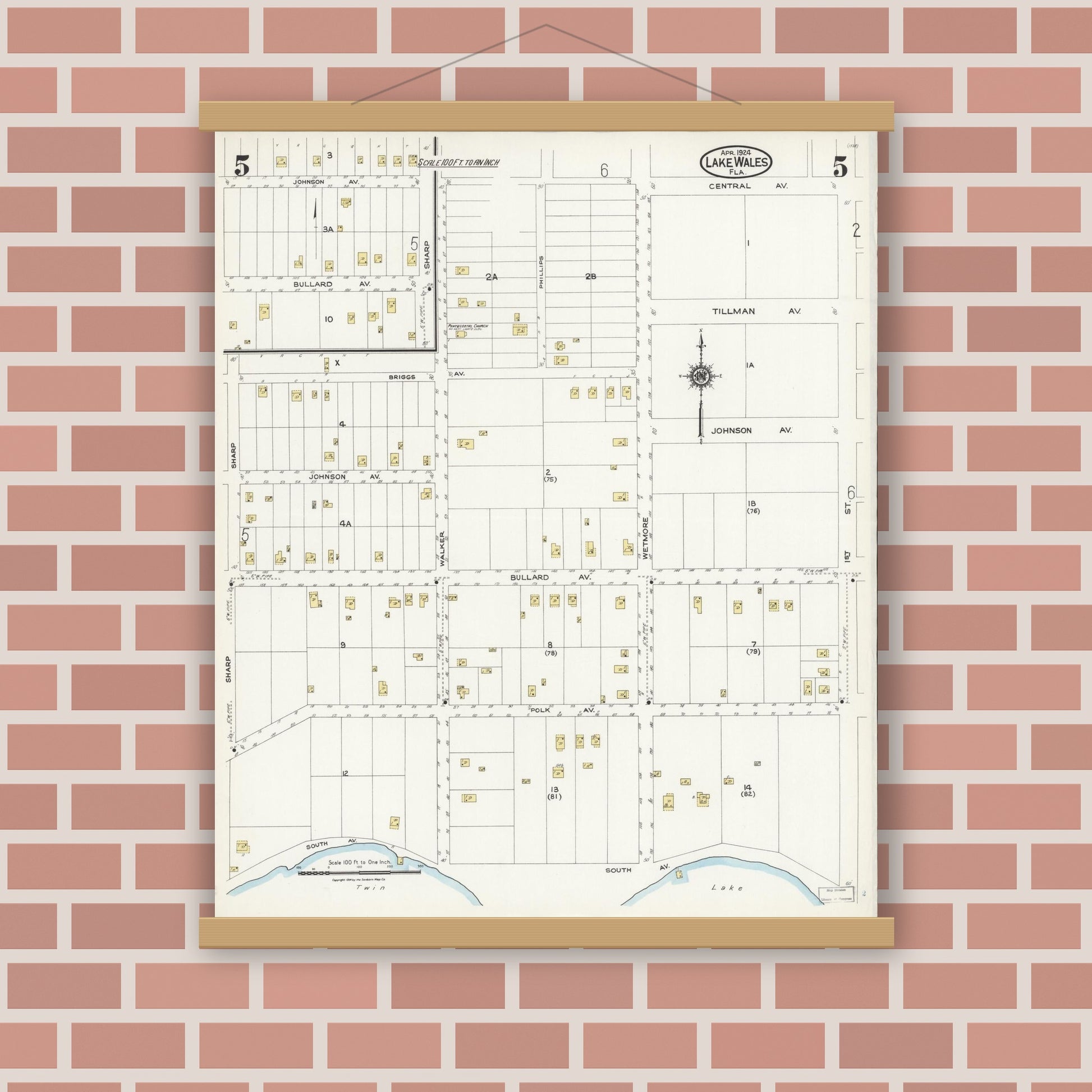 Old map wall art mockup — magnetic wood frame on brick wall — Sanborn Fire Insurance Map from Lake Wales, Polk County, Florida (1924), Sheet #0005