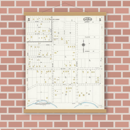 Old map wall art mockup — magnetic wood frame on brick wall — Sanborn Fire Insurance Map from Lake Wales, Polk County, Florida (1924), Sheet #0005