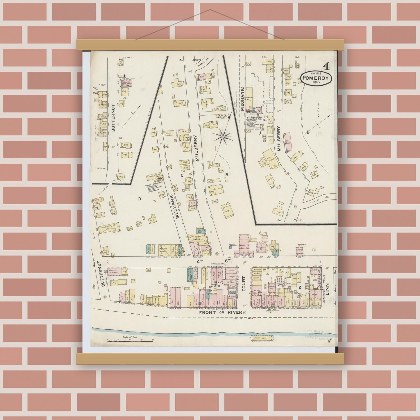 Old map wall art mockup — magnetic wood frame on brick wall — Sanborn Fire Insurance Map from Pomeroy, Meigs County, Ohio (1888), Sheet #0004