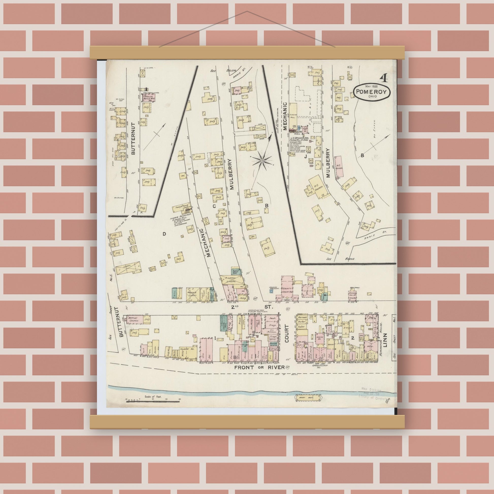 Old map wall art mockup — magnetic wood frame on brick wall — Sanborn Fire Insurance Map from Pomeroy, Meigs County, Ohio (1888), Sheet #0004