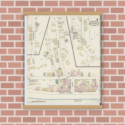 Old map wall art mockup — magnetic wood frame on brick wall — Sanborn Fire Insurance Map from Pomeroy, Meigs County, Ohio (1888), Sheet #0004