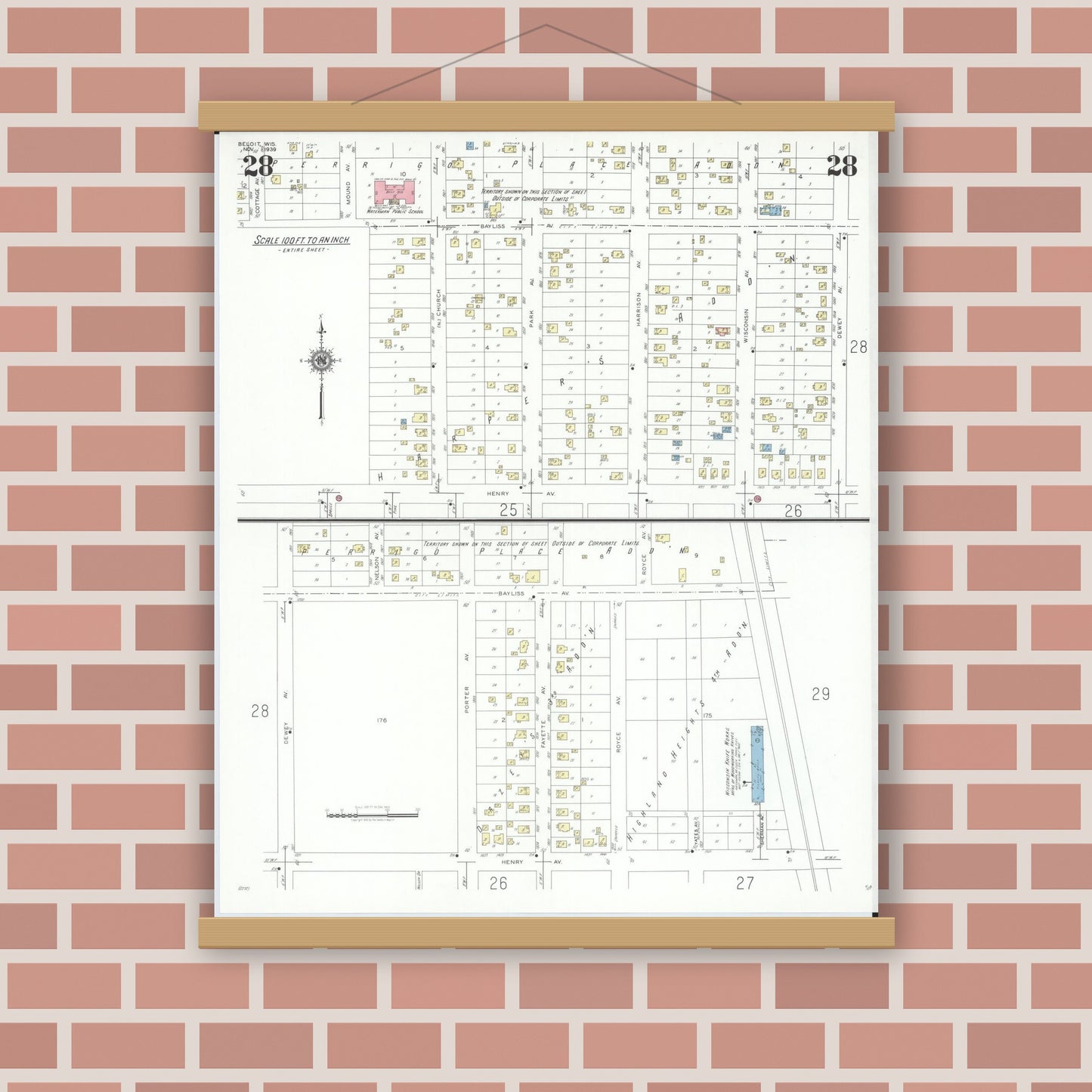 Old map wall art mockup — magnetic wood frame on brick wall — Sanborn Fire Insurance Map from Beloit, Rock County, Wisconsin (1939), Sheet #0028