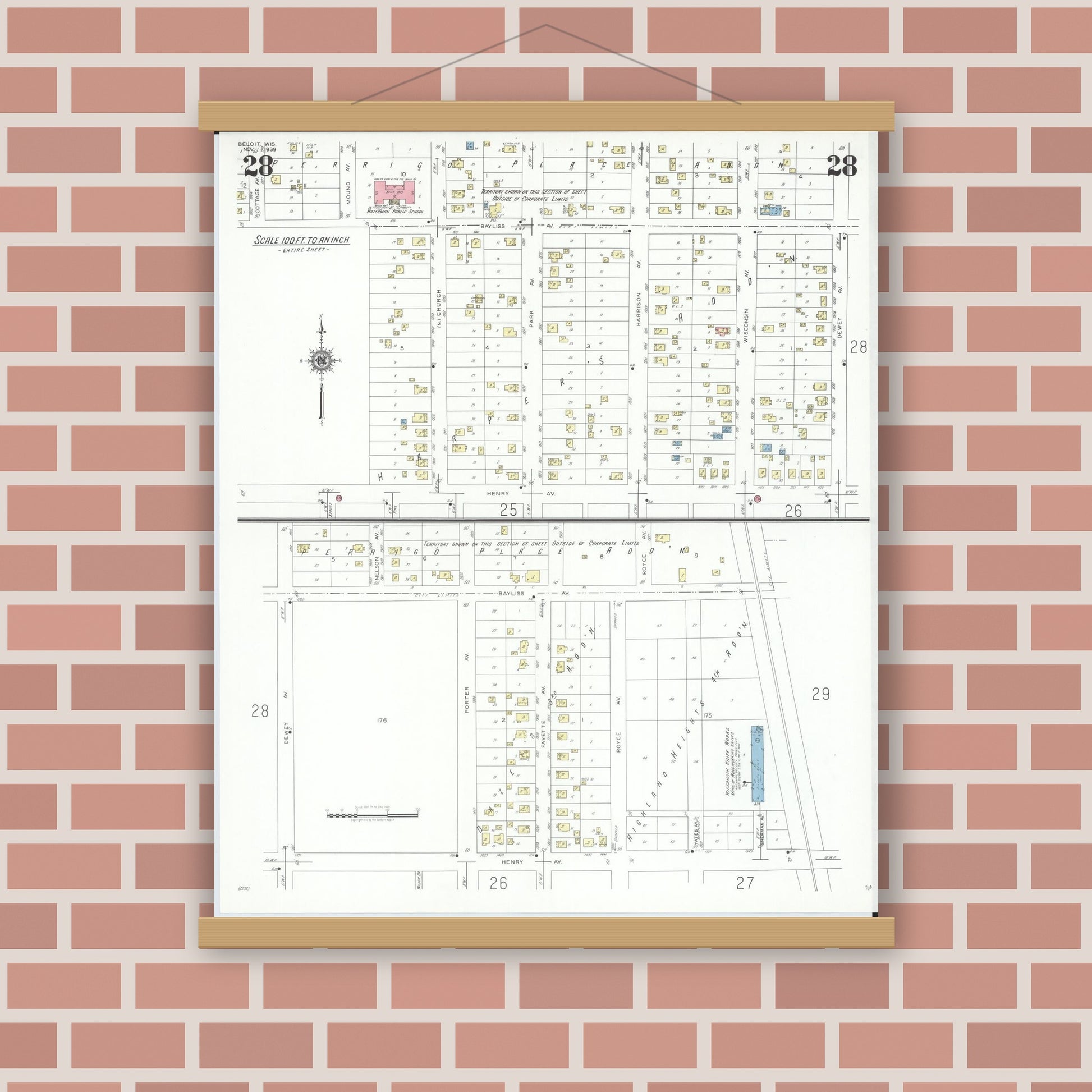 Old map wall art mockup — magnetic wood frame on brick wall — Sanborn Fire Insurance Map from Beloit, Rock County, Wisconsin (1939), Sheet #0028