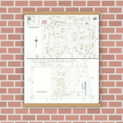 Old map wall art mockup — magnetic wood frame on brick wall — Sanborn Fire Insurance Map from Beloit, Rock County, Wisconsin (1939), Sheet #0028