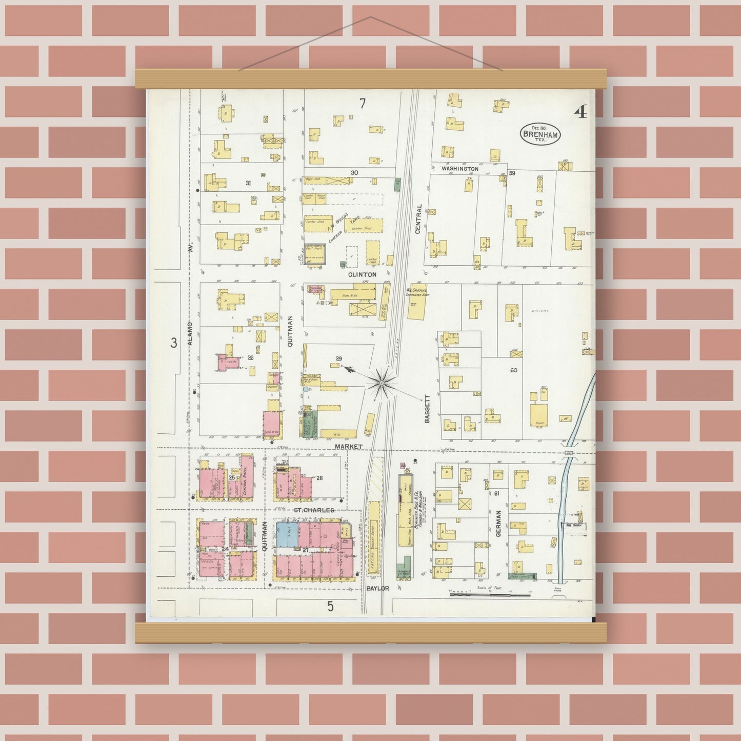 Old map wall art mockup — magnetic wood frame on brick wall — Sanborn Fire Insurance Map from Brenham, Washington County, Texas (1901), Sheet #0004