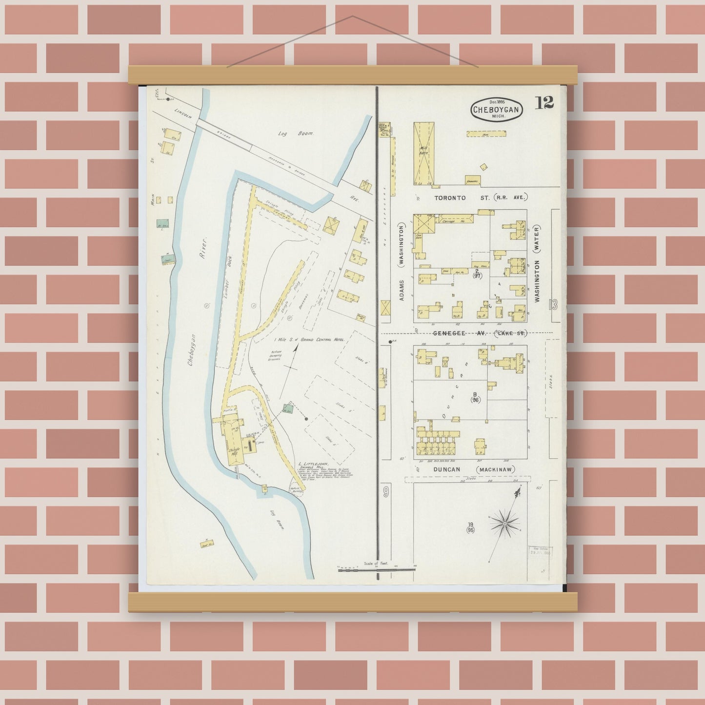 Old map wall art mockup — magnetic wood frame on brick wall — Sanborn Fire Insurance Map from Cheboygan, Cheboygan County, Michigan (1895), Sheet #0012